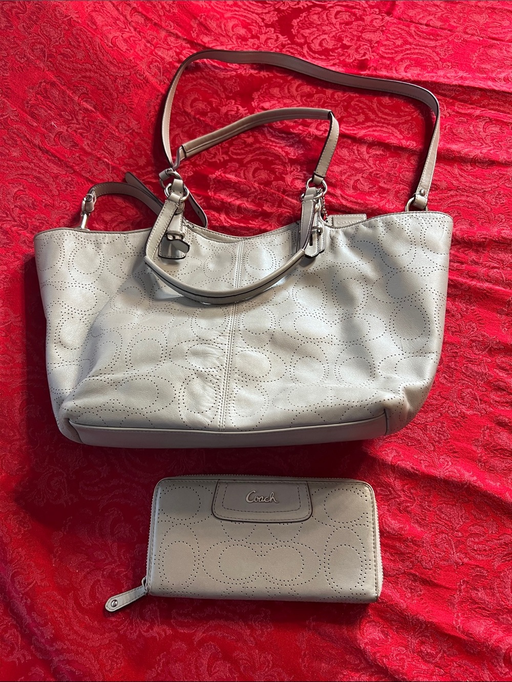 Coach Carly Bleeker Perforated Leather Tote Bag F17223 Gray With Wallet